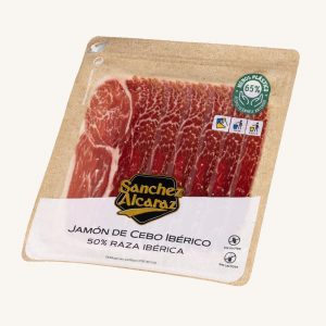 Sánchez Alcaraz Ibérico (50%) de cebo ham (jamón), white label, from Salamanca or Extremadura, pre-sliced 100 gr
